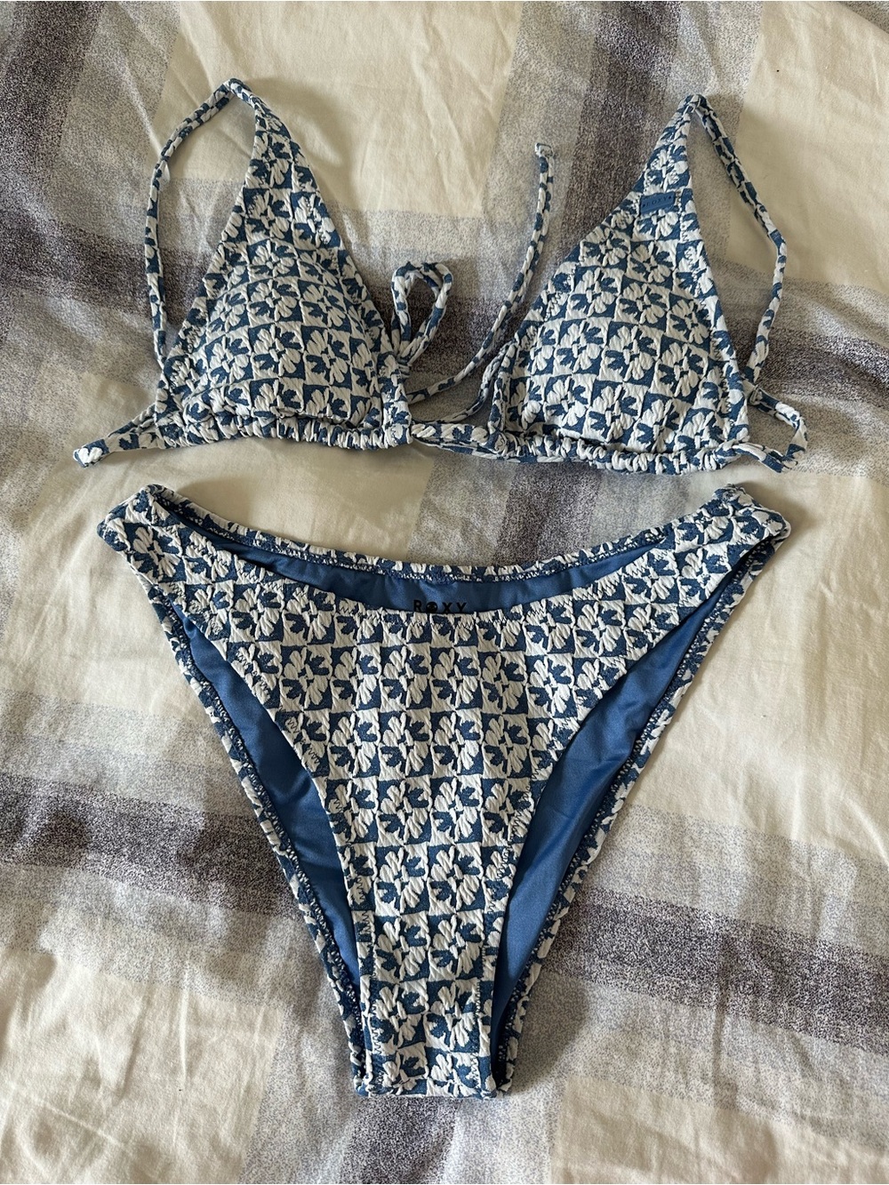 Roxy Blue and Cream Floral Check Bikini Set